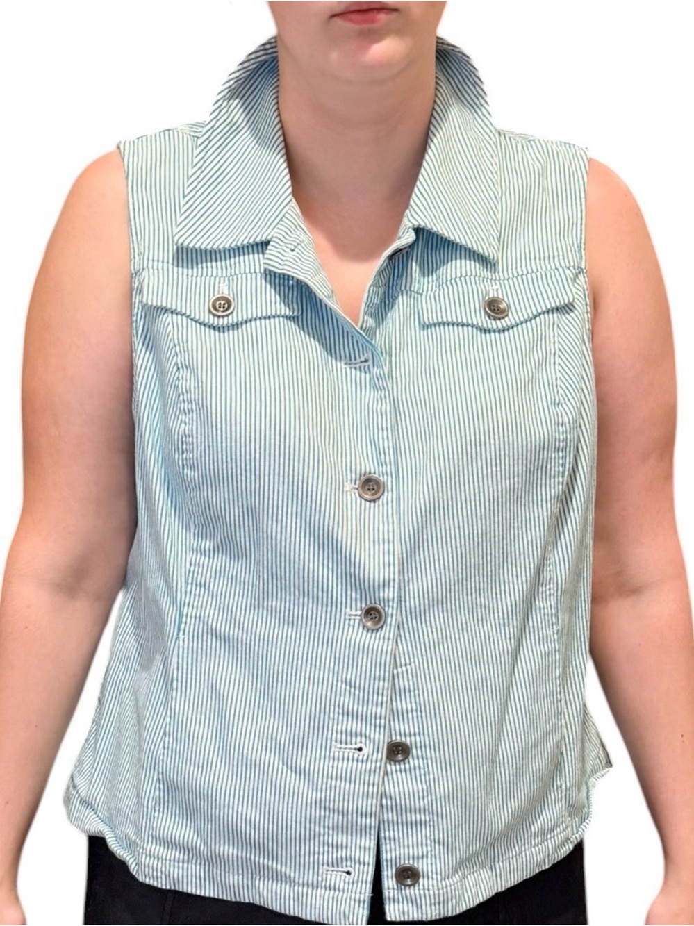 CJ Banks Sleeveless Button-Front Stripe Vest White Turquoise Stripe Size 1X